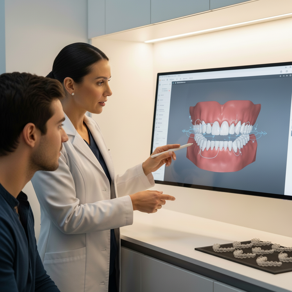 Invisalign Nederland: Orthodontist bespreekt het digitale behandelplan met patiënt en toont virtuele tandenbeweging