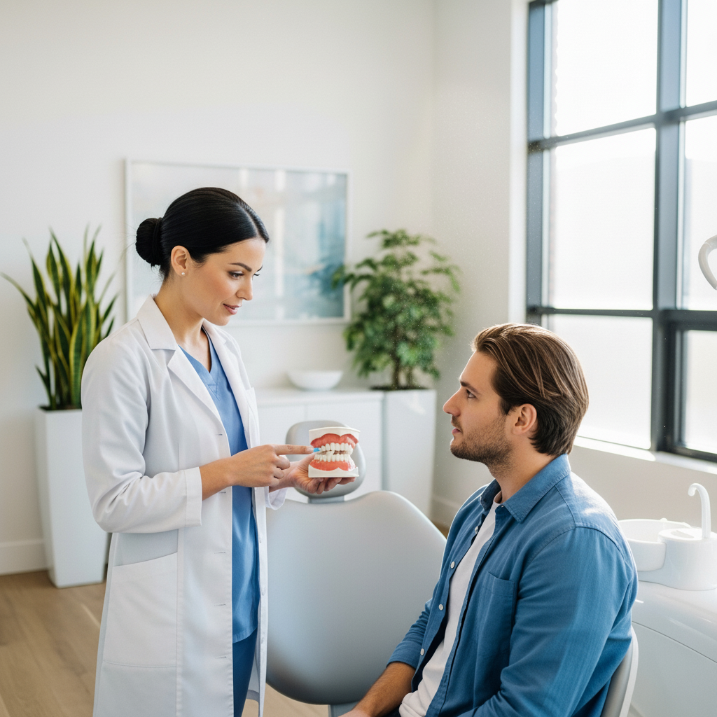 Tanden Bleken Nederland: een tandarts biedt professioneel advies aan een patiënt over methoden.