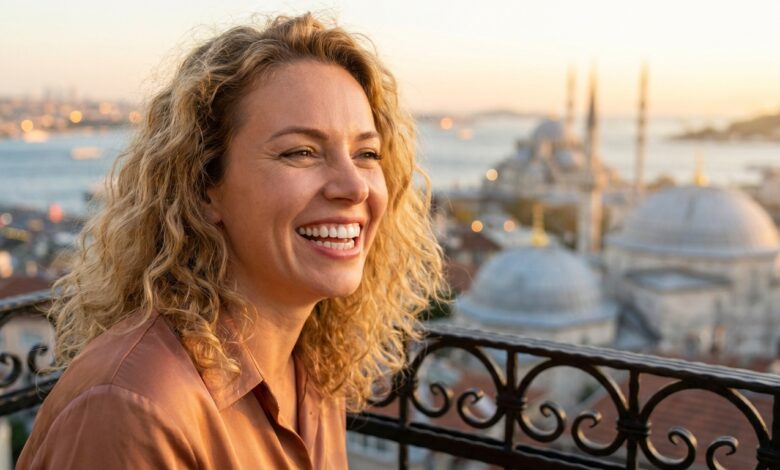 Een gelukkige vrouw met een perfect wit gebit glimlacht vol zelfvertrouwen, met de onscherpe skyline van Istanbul op de achtergrond tijdens een zonsondergang. Het beeld straalt gezondheid, geluk en reizen uit.