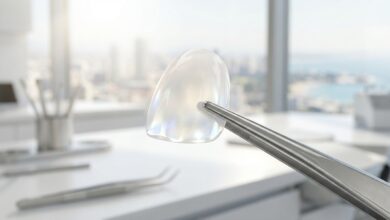 Een close-up van een perfecte porseleinen facing, vastgehouden met een pincet in een hypermoderne tandartspraktijk met een onscherpe, zonnige stadsachtergrond.