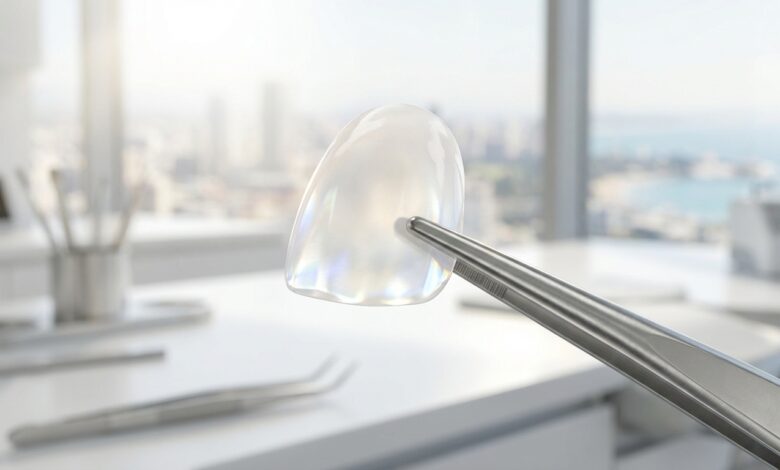 Een close-up van een perfecte porseleinen facing, vastgehouden met een pincet in een hypermoderne tandartspraktijk met een onscherpe, zonnige stadsachtergrond.