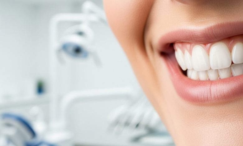 Close-up van een stralende, gezonde glimlach met perfect uitgelijnde witte tanden, tegen een wazige achtergrond van een moderne tandartspraktijk.