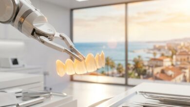 Een close-up van een perfecte set porseleinen facings, vastgehouden door een robotarm in een moderne tandkliniek. Op de achtergrond is een wazige, zonnige weergave van een Turkse kuststad te zien, wat de link met tandheelkundig toerisme symboliseert.