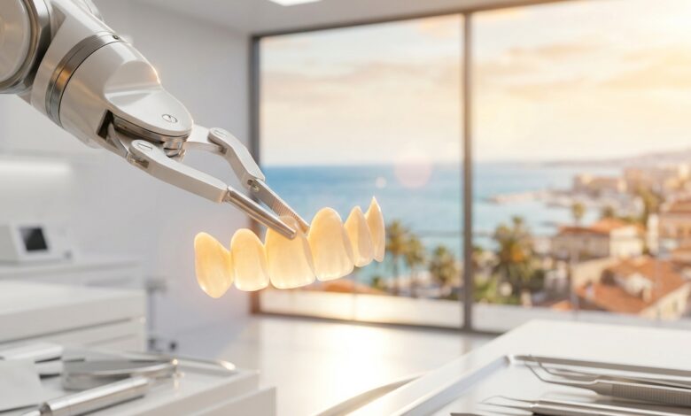 Een close-up van een perfecte set porseleinen facings, vastgehouden door een robotarm in een moderne tandkliniek. Op de achtergrond is een wazige, zonnige weergave van een Turkse kuststad te zien, wat de link met tandheelkundig toerisme symboliseert.