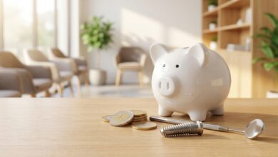 Een witte spaarpot en euromunten naast een glanzend tandimplantaat en een tandartsspiegel, wat de combinatie van betaalbare tandzorg en hoge kwaliteit symboliseert op een zacht verlichte achtergrond.