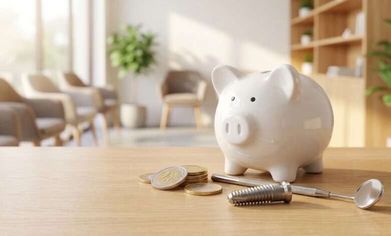 Een witte spaarpot en euromunten naast een glanzend tandimplantaat en een tandartsspiegel, wat de combinatie van betaalbare tandzorg en hoge kwaliteit symboliseert op een zacht verlichte achtergrond.