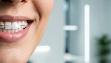 Close-up van een glimlachend gezicht met gezonde, rechte tanden en subtiel zichtbare doorzichtige beugels, in een zacht focuserende moderne tandartspraktijkachtergrond.