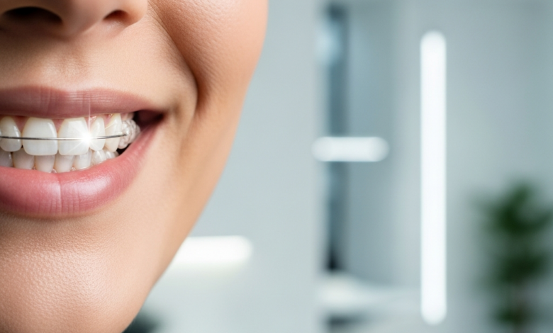 Close-up van een glimlachend gezicht met gezonde, rechte tanden en subtiel zichtbare doorzichtige beugels, in een zacht focuserende moderne tandartspraktijkachtergrond.