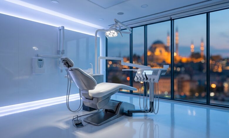 Een ultra-moderne en schone tandartspraktijk met geavanceerde apparatuur. Op de achtergrond is door een groot raam een onscherp, sfeervol uitzicht op de skyline van Istanbul bij zonsondergang te zien.
