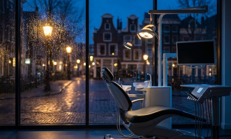 Een lege, moderne tandartsstoel in een schone, goed verlichte behandelkamer 's nachts. Op de achtergrond is een onscherp uitzicht op een Nederlandse stad te zien, wat de 24/7 beschikbaarheid van spoedeisende tandheelkundige zorg symboliseert.