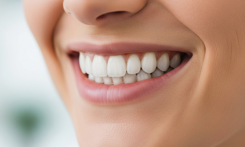 Close-up van een stralende, gezonde glimlach met helderwitte tanden, in een zacht vervaagde, lichte en schone omgeving die een professionele of huiselijke setting suggereert, passend bij de context van Nederland.