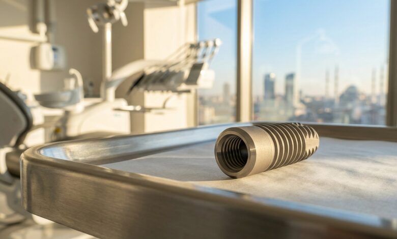 Close-up van een tandimplantaatmodel in een schone, moderne tandartspraktijk met een onscherpe, zonnige stadsgezicht van Turkije op de achtergrond.