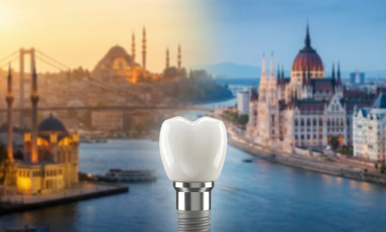 Een perfect, close-up tandimplantaat met een kroon. Op de achtergrond is een gesplitst, onscherp beeld zichtbaar: links de warme skyline van Istanbul, Turkije en rechts de klassieke skyline van Boedapest, Hongarije. Dit symboliseert de keuze voor tandimplantaten in het buitenland.
