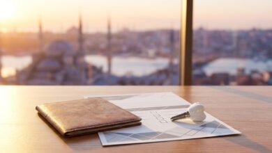 Conceptueel beeld over tandheelkundig toerisme en zorgverzekering, met een paspoort, een leeg formulier en een tandimplantaatmodel op een bureau, tegen een wazige achtergrond van de skyline van Istanbul.