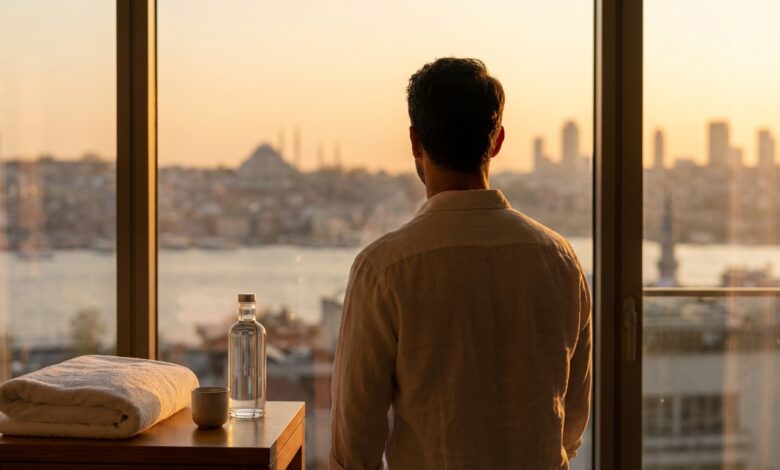 Een man kijkt vanuit een moderne, luxe kamer uit over de skyline van Istanbul bij zonsopgang, wat de combinatie van een medische reis en een vakantie in Turkije symboliseert.