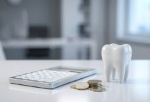 Een schone, witte modelkies staat naast een rekenmachine en een stapel euromunten op een modern bureau, wat de kosten van tandheelkundige zorg symboliseert.