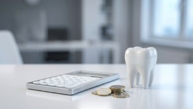 Een schone, witte modelkies staat naast een rekenmachine en een stapel euromunten op een modern bureau, wat de kosten van tandheelkundige zorg symboliseert.