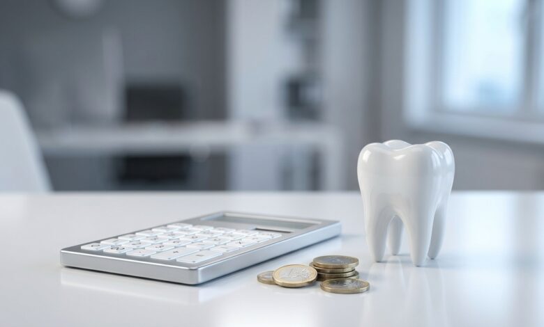 Een schone, witte modelkies staat naast een rekenmachine en een stapel euromunten op een modern bureau, wat de kosten van tandheelkundige zorg symboliseert.