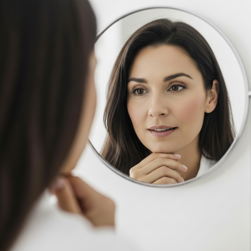 Tandartsverzekering Nederland: Een volwassene evalueert reflecterend de gebitsstatus en toekomstige zorgbehoeften.