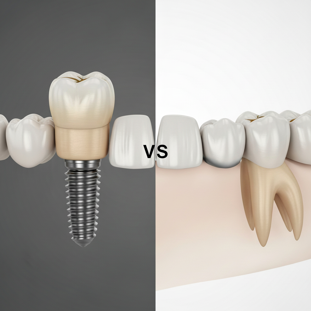 Tandimplantaat of Brug: Visuele vergelijking van deze twee tandheelkundige oplossingen voor ontbrekende tanden.