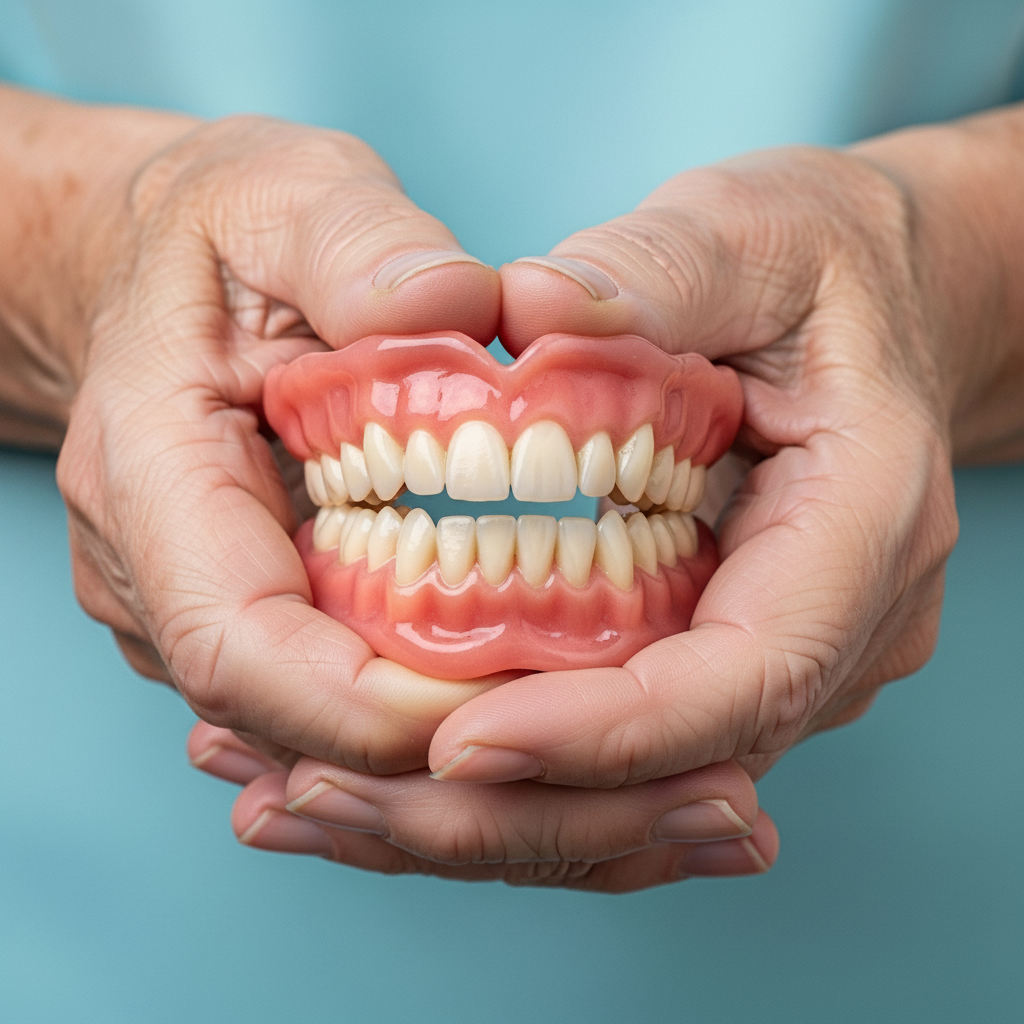 Tandartsverzekering Nederland: Een kunstgebit zorgvuldig vastgehouden door handen, symbool voor prothetische tandzorg.