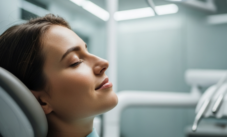 Close-up van een ontspannen persoon met een kalme gelaatsuitdrukking en gesloten ogen, zittend in een comfortabele, moderne tandartsstoel. De achtergrond toont een zacht gefocuste, schone en modern ingerichte tandartspraktijk met diffuus licht, wat rust en verlichting van angst uitstraalt.