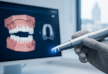 Een close-up van een moderne, glimmende intraorale scanner die een zachte gloed afgeeft, vastgehouden door een gehandschoende hand. Op de wazige achtergrond is een digitaal scherm te zien met een gedetailleerd 3D-model van een kaak en tanden. De omgeving is een strakke, high-tech tandartspraktijk met subtiel, koel licht en een zeer vage hint van een stad buiten. Geen tekst of logo's.