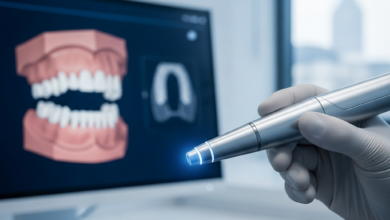 Een close-up van een moderne, glimmende intraorale scanner die een zachte gloed afgeeft, vastgehouden door een gehandschoende hand. Op de wazige achtergrond is een digitaal scherm te zien met een gedetailleerd 3D-model van een kaak en tanden. De omgeving is een strakke, high-tech tandartspraktijk met subtiel, koel licht en een zeer vage hint van een stad buiten. Geen tekst of logo's.