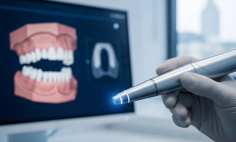 Een close-up van een moderne, glimmende intraorale scanner die een zachte gloed afgeeft, vastgehouden door een gehandschoende hand. Op de wazige achtergrond is een digitaal scherm te zien met een gedetailleerd 3D-model van een kaak en tanden. De omgeving is een strakke, high-tech tandartspraktijk met subtiel, koel licht en een zeer vage hint van een stad buiten. Geen tekst of logo's.