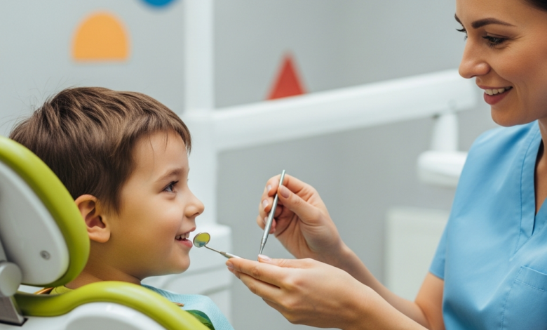 Een vriendelijke kindertandarts die een jong kind geruststelt in een moderne, kleurrijke tandartspraktijk, met focus op preventieve zorg en een positieve ervaring.