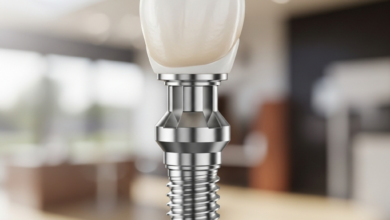 Een close-up van een glanzend titanium tandimplantaat met een wit porseleinen kroon, geplaatst tegen een zacht vervaagde achtergrond die een moderne tandartspraktijk in Nederland suggereert.