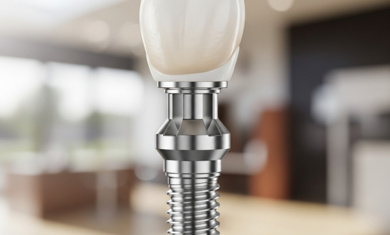 Een close-up van een glanzend titanium tandimplantaat met een wit porseleinen kroon, geplaatst tegen een zacht vervaagde achtergrond die een moderne tandartspraktijk in Nederland suggereert.