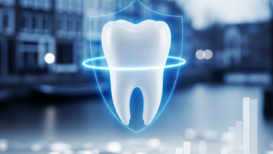 Een helder, sculpturaal getande molaar die subtiel wordt beschermd door een doorschijnend blauw lichtschild, met een vaag vervaagde achtergrond die moderne Nederlandse architectuur of een gracht nabootst, aangevuld met zachte, abstracte financiële symbolen op de voorgrond. Alles is vrij van tekst en cijfers.