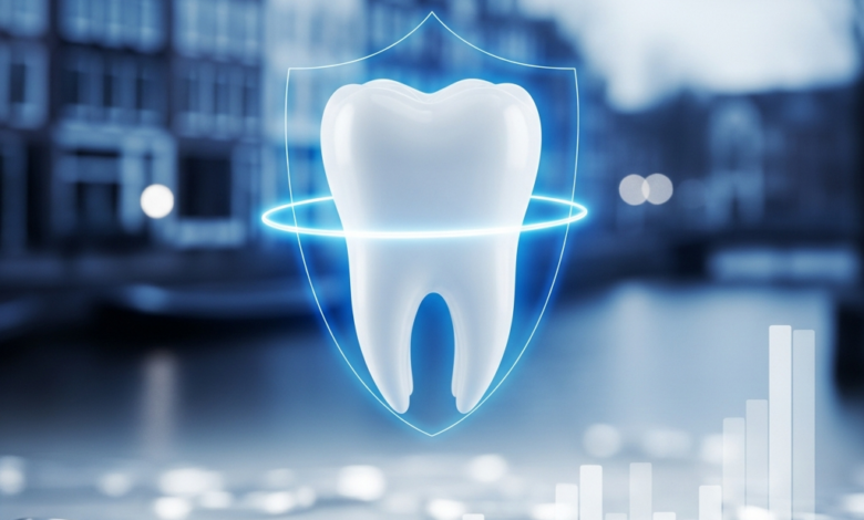 Een helder, sculpturaal getande molaar die subtiel wordt beschermd door een doorschijnend blauw lichtschild, met een vaag vervaagde achtergrond die moderne Nederlandse architectuur of een gracht nabootst, aangevuld met zachte, abstracte financiële symbolen op de voorgrond. Alles is vrij van tekst en cijfers.