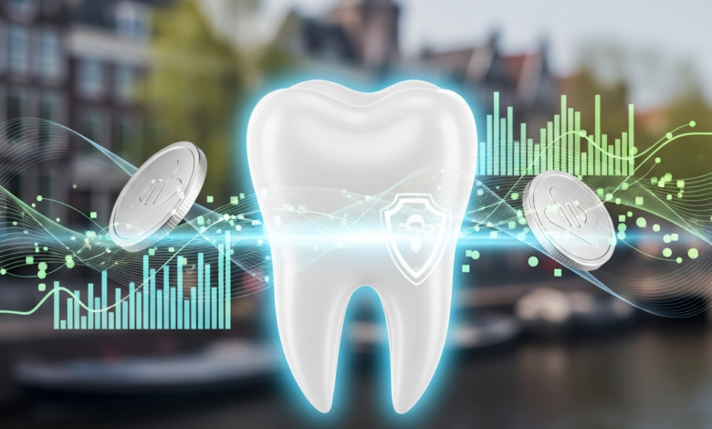 Een schone, perfecte tand op de voorgrond, omringd door abstracte, golvende lijnen en digitale graphics die financiële planning en bescherming symboliseren. Op de achtergrond is een zeer wazig Nederlands stadsbeeld te zien met grachten en architectuur. Geen tekst zichtbaar.