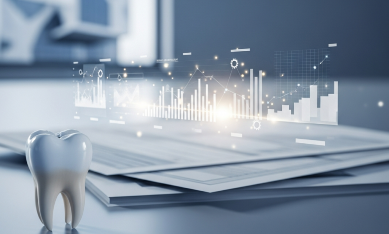 Een fotorealistisch beeld van een perfecte, gezonde tand, met op de achtergrond wazige elementen van financiële documenten en een digitale interface, gesitueerd in een moderne Nederlandse setting.