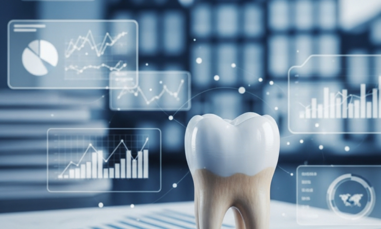 Een photorealistisch beeld van een perfecte, gezonde tand, centraal geplaatst en zacht verlicht. Op de wazige achtergrond zijn abstracte elementen te zien die financiële documenten of digitale gegevens voorstellen, met een moderne, schone esthetiek. Er is een zeer subtiele, vervaagde hint van een Nederlands stadsbeeld op de verre achtergrond. Geen tekst of symbolen.