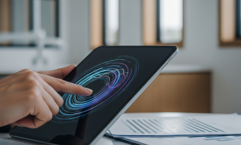 Een genderneutrale hand houdt een modern tablet vast met daarop abstracte, kleurrijke financiële grafieken. Op de achtergrond, wazig en uit focus, is een schone, hedendaagse tandartspraktijk te zien met subtiele Nederlandse interieurkenmerken, wat financiële planning voor mondgezondheid in Nederland in 2026 symboliseert.