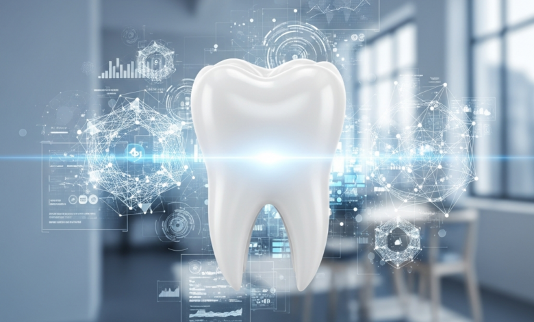 Een gedetailleerde, fotorealistische afbeelding van een gezonde, witte kies met daaromheen abstracte, digitale data die financiële planning en verzekeringen symboliseren, tegen een wazige achtergrond van een moderne, schone kantoor- of kliniekruimte. Geen tekst zichtbaar.