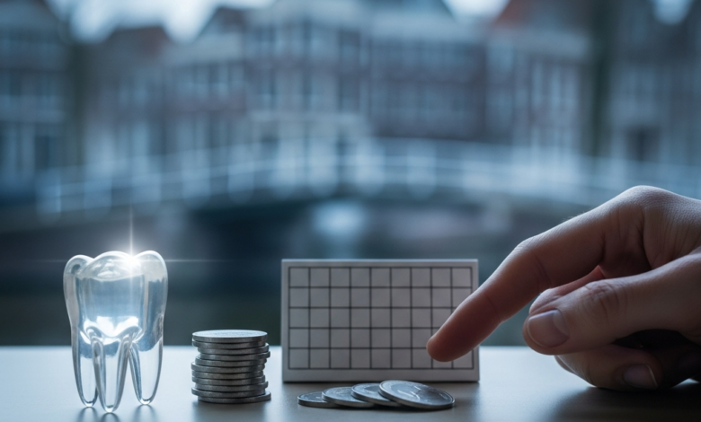 Een close-up van een schone, moderne tafel met een transparant, gestileerd tandmodel, een stapel generieke munten en een menselijke hand, alles tegen een wazige achtergrond van Nederlandse architectuur. Symboliseert tandartsverzekering en financiële planning.