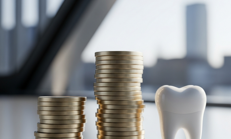 Close-up van een stapel glimmende euromunten naast een minimalistische, abstracte weergave van een perfect witte tand, rustend op een gepolijst oppervlak. De achtergrond is onscherp en toont een modern Nederlands stadsgezicht of architectuur, alles in een heldere, schone setting. Er is geen tekst zichtbaar.