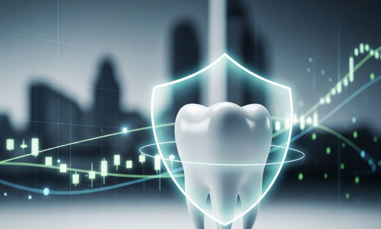 Een fotorealistisch beeld van een perfect witte tand die subtiel wordt omhuld door een doorschijnende, beschermende blauwgroene gloed, op een minimalistische ondergrond. Op de achtergrond zijn vage, abstracte lijnen en patronen te zien die financiële planning en een moderne, georganiseerde stedelijke omgeving suggereren, met een zachte bokeh-onscherpte. Er is geen tekst of merknaam zichtbaar.