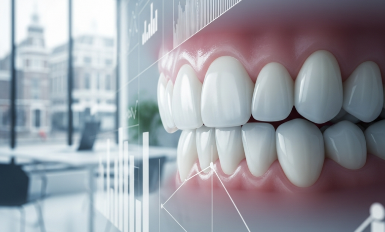 Een fotorealistisch beeld van perfecte, gezonde menselijke tanden, met een wazige achtergrond van een modern kantoorinterieur en abstracte digitale of financiële symbolen, die tandartsverzekering en financiële planning voor mondgezondheid in Nederland voorstellen.