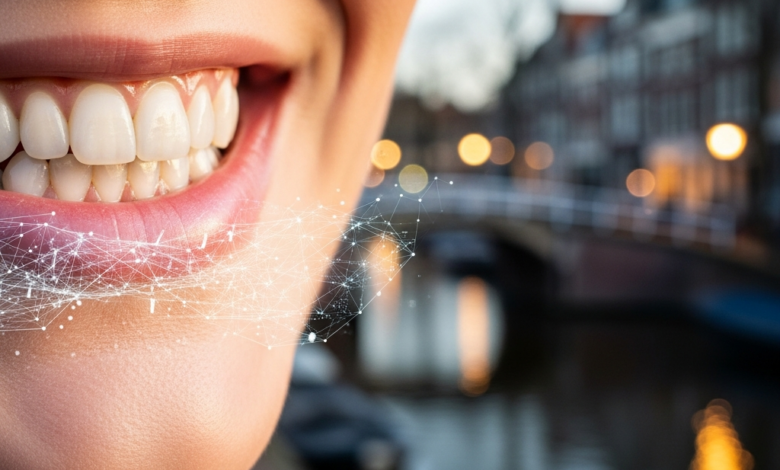 Een close-up van een heldere, gezonde glimlach met witte tanden, met een onscherpe, warme achtergrond van een typisch Nederlandse gracht met historische gebouwen bij zonsondergang. Subtiele digitale patronen zweven vaag rond de glimlach, wat verzekering en bescherming symboliseert. Geen tekst zichtbaar.