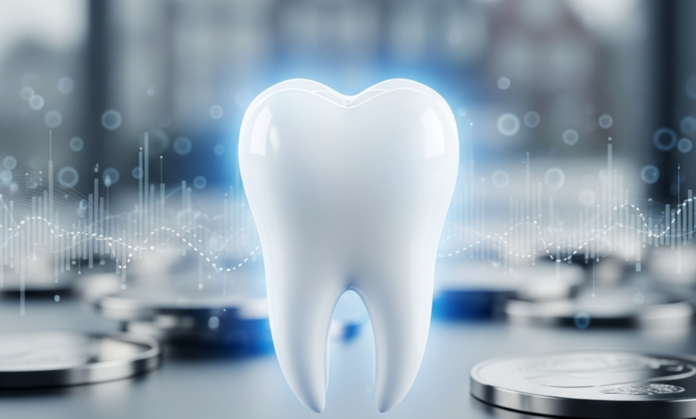 Een close-up van een perfect gezonde, glanzende tand in scherpe focus. Op de zeer wazige achtergrond zijn abstracte, metallic vormen te zien die financiële bescherming en planning symboliseren, met een subtiele suggestie van een modern Nederlands stadslandschap. Geen tekst aanwezig.