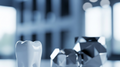 Een fotorealistische afbeelding van een stralende, witte molaar tand op een schone, glanzende ondergrond, met op de achtergrond een subtiel vervaagde, moderne architectuur die doet denken aan Nederland. Naast de tand zijn wazige, abstracte vormen te zien die financiële zekerheid symboliseren.