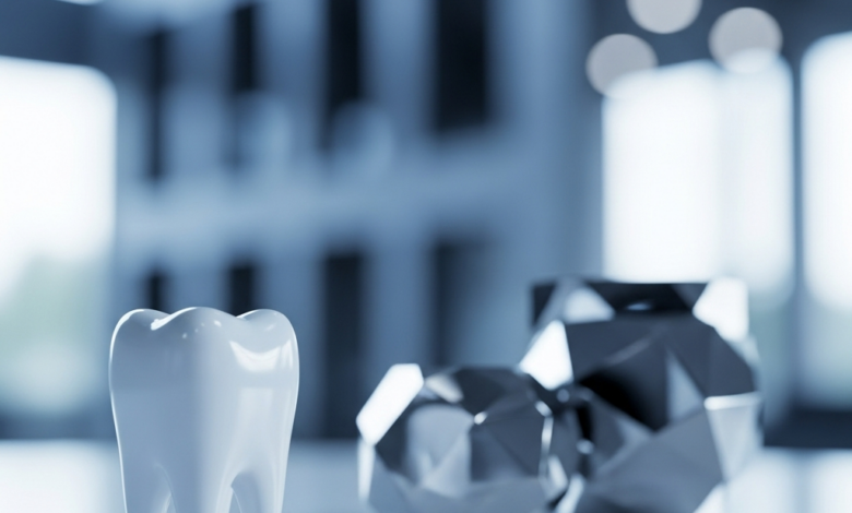 Een fotorealistische afbeelding van een stralende, witte molaar tand op een schone, glanzende ondergrond, met op de achtergrond een subtiel vervaagde, moderne architectuur die doet denken aan Nederland. Naast de tand zijn wazige, abstracte vormen te zien die financiële zekerheid symboliseren.