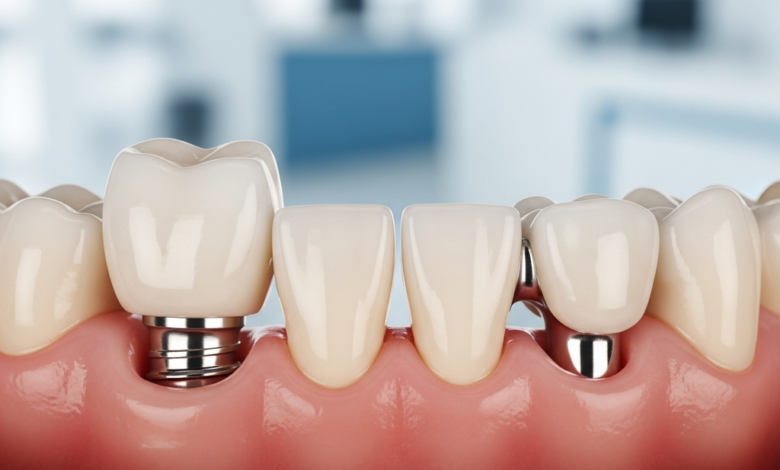 Close-up van een menselijke mond die twee veelvoorkomende opties voor tandvervanging visueel vergelijkt: aan de ene kant een detail van een titanium tandimplantaat met een natuurlijke kroon, en aan de andere kant een tandbrug met een kunsttand die wordt gedragen door kronen op aangrenzende, geprepareerde tanden. De omgeving is een moderne, schone tandartspraktijk met zacht, klinisch licht.