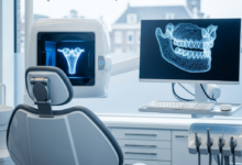Een fotorealistische weergave van een hypermoderne tandartspraktijk in Nederland, met een schone tandartsstoel, een 3D-scanner en een computerscherm met een abstract 3D-model van een gebit, alles in een steriele omgeving met zachte belichting. Op de wazige achtergrond is subtiel Nederlandse architectuur zichtbaar.
