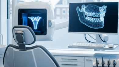 Een fotorealistische weergave van een hypermoderne tandartspraktijk in Nederland, met een schone tandartsstoel, een 3D-scanner en een computerscherm met een abstract 3D-model van een gebit, alles in een steriele omgeving met zachte belichting. Op de wazige achtergrond is subtiel Nederlandse architectuur zichtbaar.